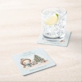 ヴィンテージ雪だるまブルー名クリスマス1st誕生日 スクエアペーパーコースター (インサイチュ)