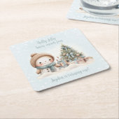 ヴィンテージ雪だるまブルー名クリスマス1st誕生日 スクエアペーパーコースター (アングル)