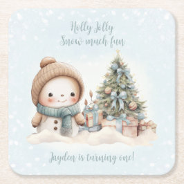 ヴィンテージ雪だるまブルー名クリスマス1st誕生日 スクエアペーパーコースター
