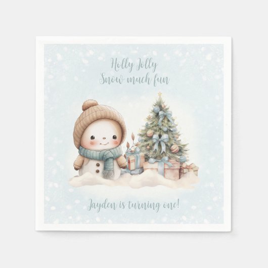 ヴィンテージ雪だるまボーイブルークリスマス1st誕生日 スタンダードカクテルナプキン (正面)