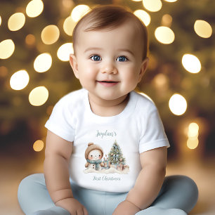 ヴィンテージ雪だるまボーイブルー初めてのクリスマス名 ベビーTシャツ