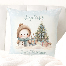 ヴィンテージ雪だるまボーイブルー初めてのクリスマス枕 クッション
