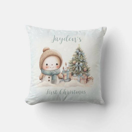 ヴィンテージ雪だるまボーイブルー初めてのクリスマス枕 クッション (正面)