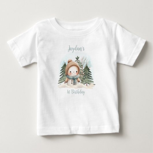ヴィンテージ雪だるまボーイブルー名1st誕生日 ベビーTシャツ (正面)