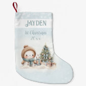 ヴィンテージ雪だるまボーイブルー1stクリスマスストッキング スモールクリスマスストッキング (正面)