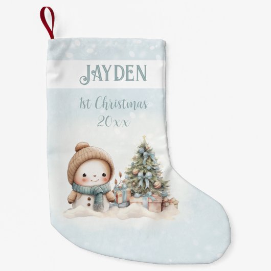 ヴィンテージ雪だるまボーイブルー1stクリスマスストッキング スモールクリスマスストッキング (正面)
