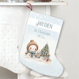 ヴィンテージ雪だるまボーイブルー1stクリスマスストッキング スモールクリスマスストッキング