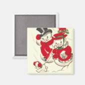 ヴィンテージ雪だるま及びスノーウーマンスクエアマグネット マグネット (正面/裏面)