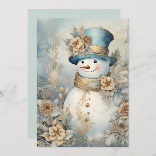 ヴィンテージ雪だるま金ゴールドブルーホワイトクリスマス シーズンカード (正面/裏面)