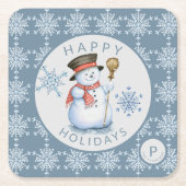 ヴィンテージ雪だるま雪片パターンブルー スクエアペーパーコースター (正面)