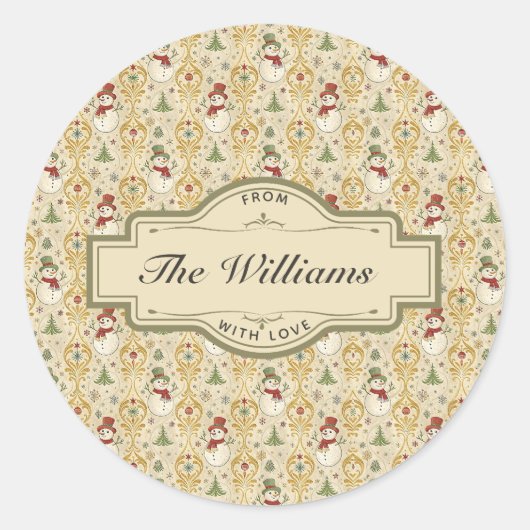 ヴィンテージ雪だるま＆クリスマスツリーカスタム ラウンドシール (正面)