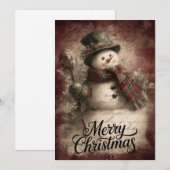 ヴィンテージ雪だるま＆ホリーデザインのスタッフチャーム シーズンカード (正面/裏面)