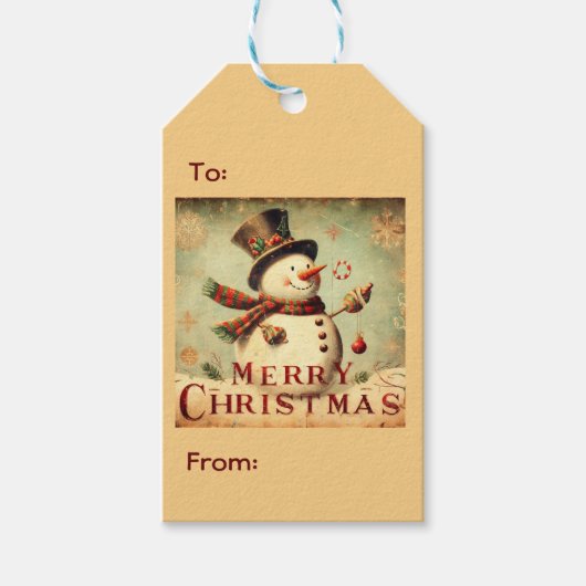 ヴィンテージ雪だるま – メリークリスマスプレゼントラベル ギフトタグ (正面)