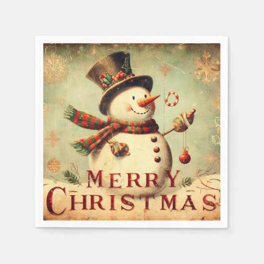 ヴィンテージ雪だるま – メリークリスマスペーパーナプキン スタンダードカクテルナプキン (正面)