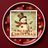 ヴィンテージ雪だるま – メリークリスマスペーパーナプキン スタンダードカクテルナプキン