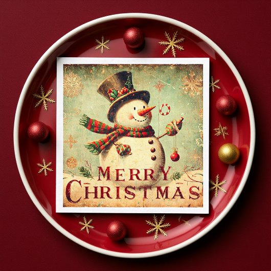 ヴィンテージ雪だるま – メリークリスマスペーパーナプキン スタンダードカクテルナプキン