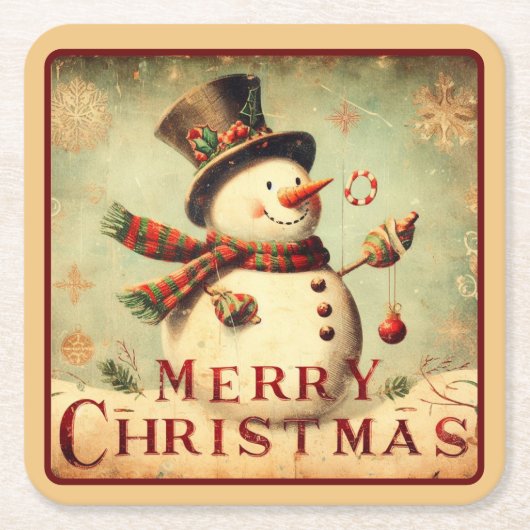 ヴィンテージ雪だるま – メリークリスマス紙コースター スクエアペーパーコースター (正面)