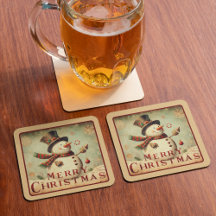 ヴィンテージ雪だるま – メリークリスマス紙コースター