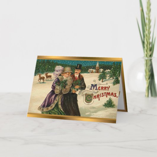 ヴィンテージ雪とトナカイのクリスマス シーズンカード (正面)