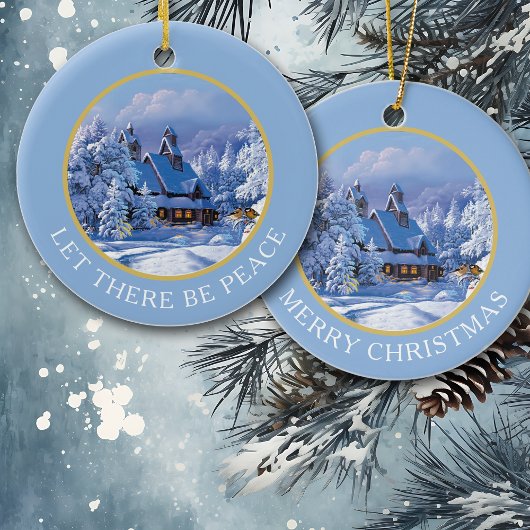 ヴィンテージ雪に覆われた家と木 セラミックオーナメント