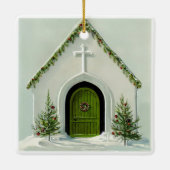 ヴィンテージ雪のクリスマスに覆われた教会 セラミックオーナメント (裏面)