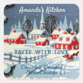 ヴィンテージ雪のクリスマスレッドハウス、教会 スクエアシール (正面)