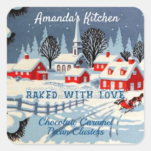 ヴィンテージ雪のクリスマスレッドハウス、教会 スクエアシール (正面)