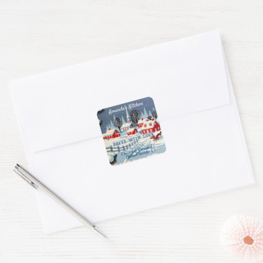 ヴィンテージ雪のクリスマスレッドハウス、教会 スクエアシール (封筒)