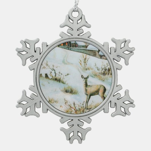 ヴィンテージ雪の冬の景色 スノーフレークピューターオーナメント (正面)