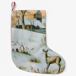 ヴィンテージ雪の冬の景色 スモールクリスマスストッキング