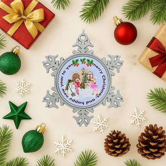 ヴィンテージ雪の日キッズピンク屋外クリスマスシーン スノーフレークピューターオーナメント