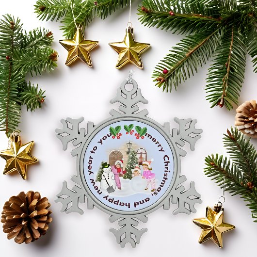 ヴィンテージ雪の日キッズピンク屋外クリスマスシーン スノーフレークピューターオーナメント