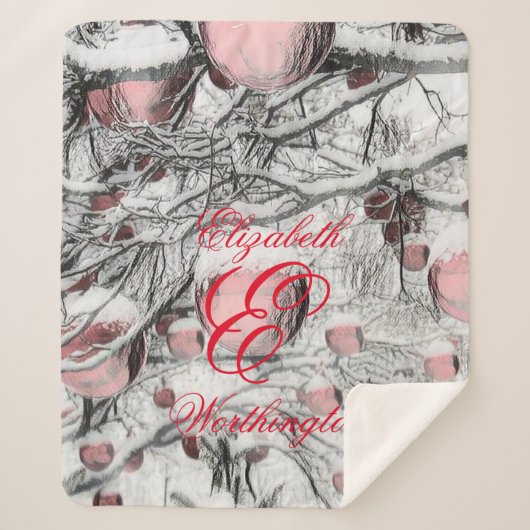 ヴィンテージ雪の木とオーナメントスケッチ シェルパブランケット (正面)