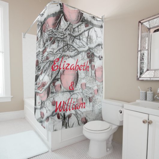 ヴィンテージ雪の木とオーナメントスケッチ シャワーカーテン (インサイチュ)