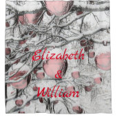 ヴィンテージ雪の木とオーナメントスケッチ シャワーカーテン (正面)