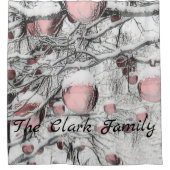 ヴィンテージ雪の木とオーナメントスケッチ シャワーカーテン (正面)