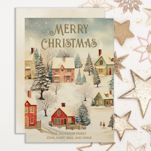ヴィンテージ雪の覆われた村メリークリスマス シーズンカード