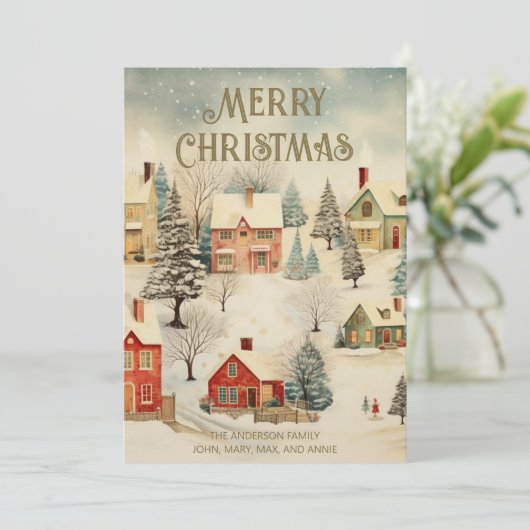 ヴィンテージ雪の覆われた村メリークリスマス シーズンカード (スタンド正面)