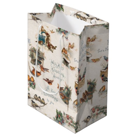 ヴィンテージ雪の鳥とクリスマスの挨拶 ミディアムペーパーバッグ (正面アングル)