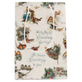 ヴィンテージ雪の鳥とクリスマスの挨拶 ミディアムペーパーバッグ (正面)