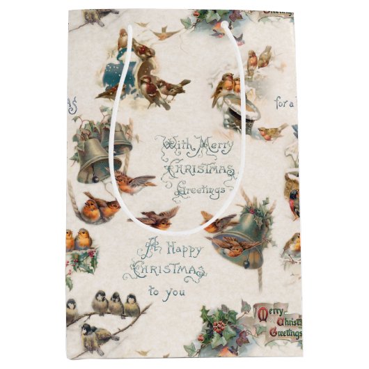 ヴィンテージ雪の鳥とクリスマスの挨拶 ミディアムペーパーバッグ (正面)