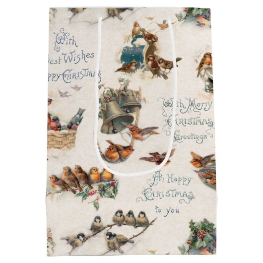 ヴィンテージ雪の鳥とクリスマスの挨拶 ミディアムペーパーバッグ (裏面)