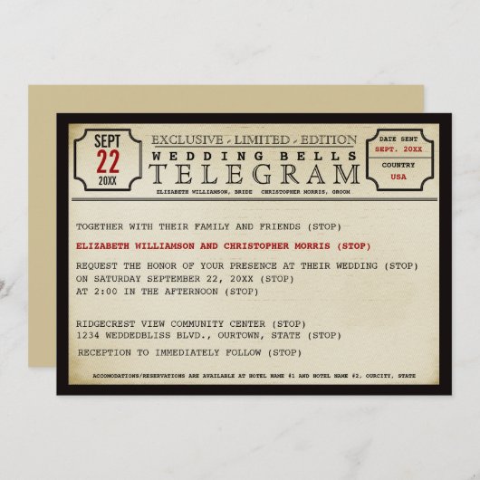ヴィンテージ電信スタイル結婚式招待状 招待状 (正面/裏面)