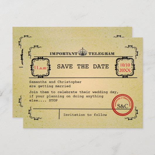 ヴィンテージ電報結婚式の日付を保存 案内ポストカード (正面/裏面)