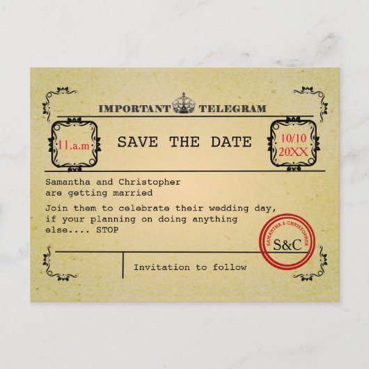 ヴィンテージ電報結婚式の日付を保存 案内ポストカード (正面)