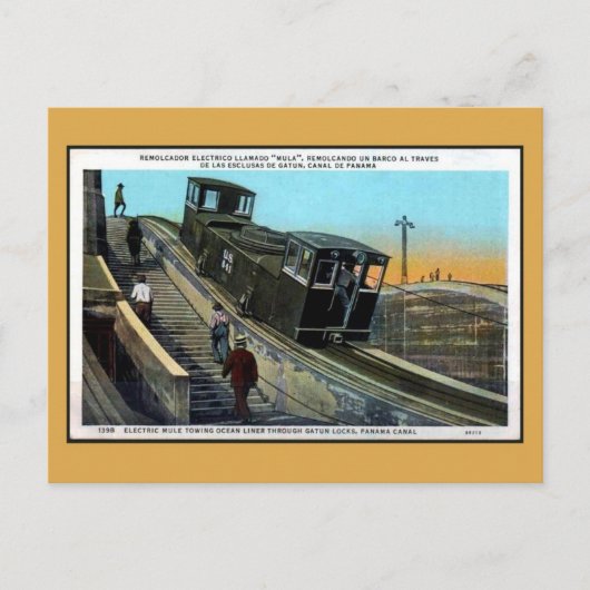 ヴィンテージ電気ラバ曳航船パナマ運河 ポストカード (正面)