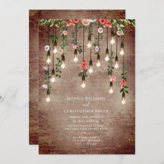 ヴィンテージ電球ブリックフローラ結婚式招待状 招待状 (正面/裏面)