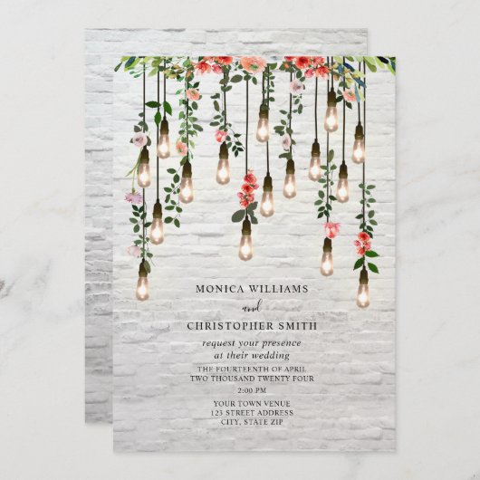 ヴィンテージ電球ホワイトブリック結婚フローラの招待器 招待状 (正面/裏面)