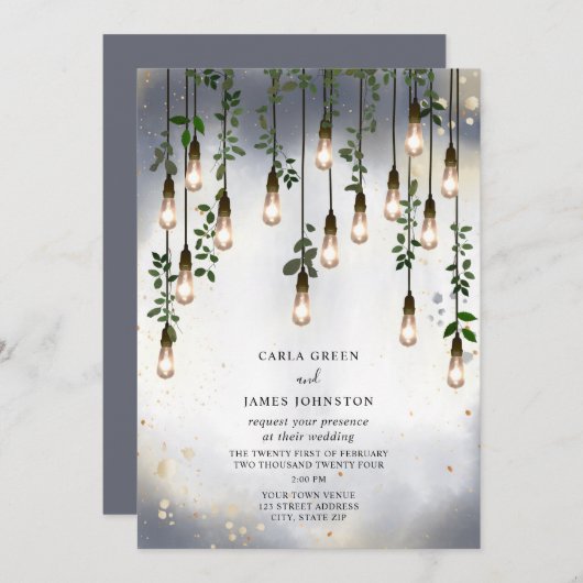 ヴィンテージ電球ボタニカルウォーター結婚カラー 招待状 (正面/裏面)