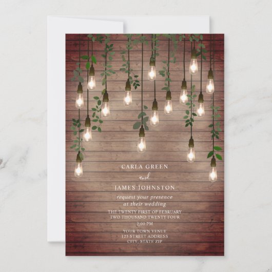 ヴィンテージ電球ボタニカルウッド結婚ズ 招待状 (正面)